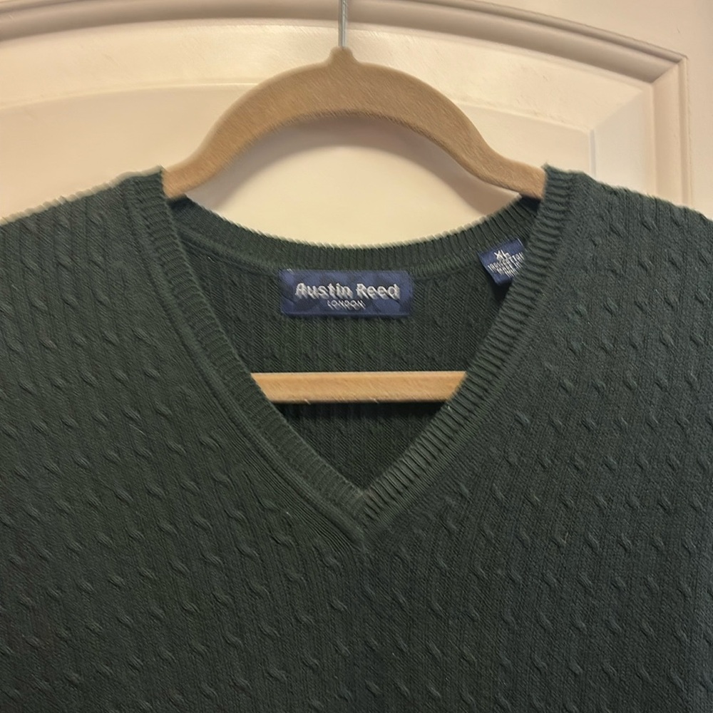 AUSTIN REED London Mens 100% Cotton Dark Green Cable Knit Sweater Vest XL V-Neck